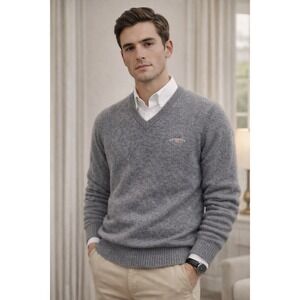 GANT Sweater Men's L Gray V Neck Lambswool Blend Classic Logo Knit Casual Preppy